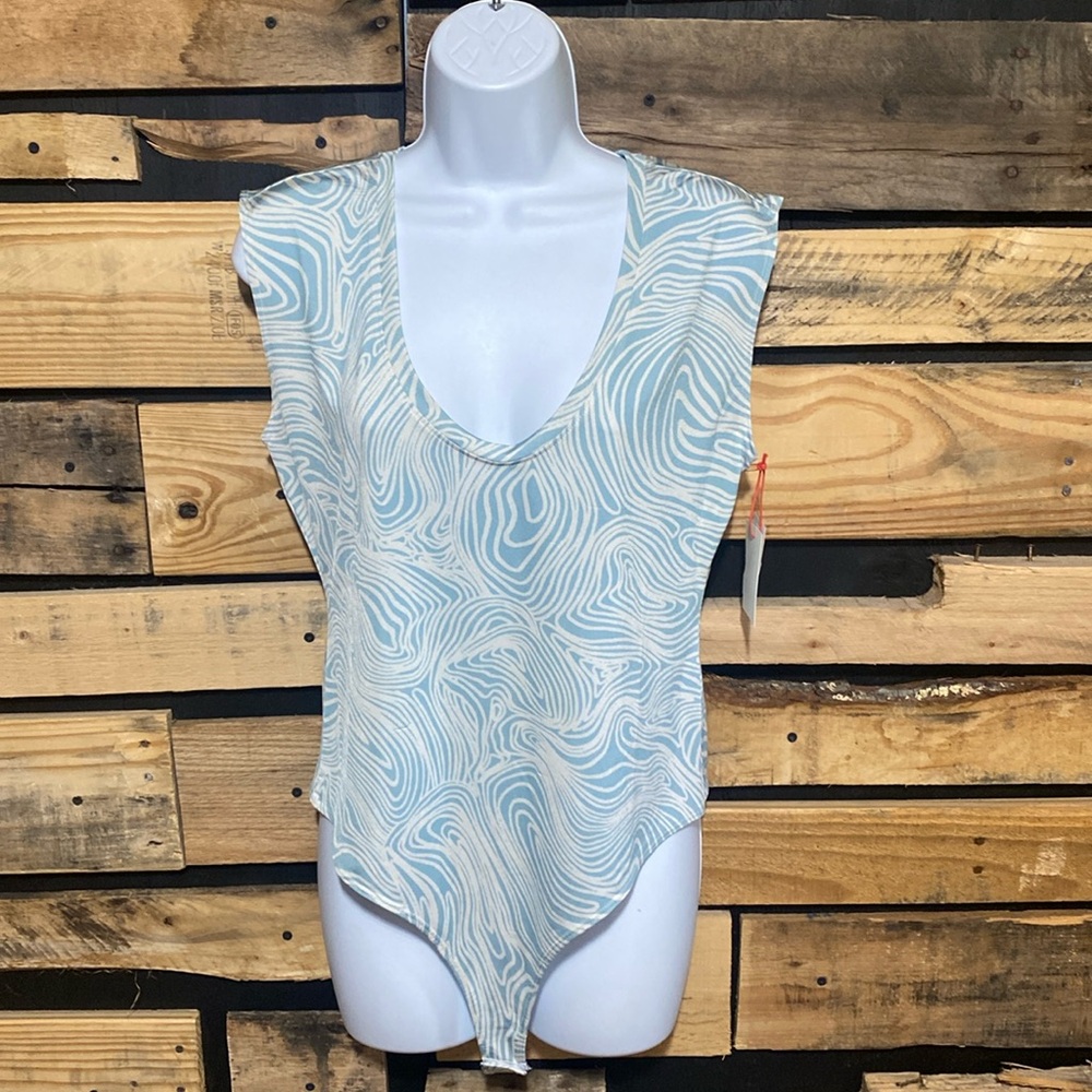 Open Edit V neck Bodysuit Teal Ivory Geometric print Size Large NWT